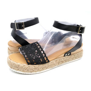 Juti Sandals Womens 11 Black Faux Leather Platform Espadrille Flatform Open Toe